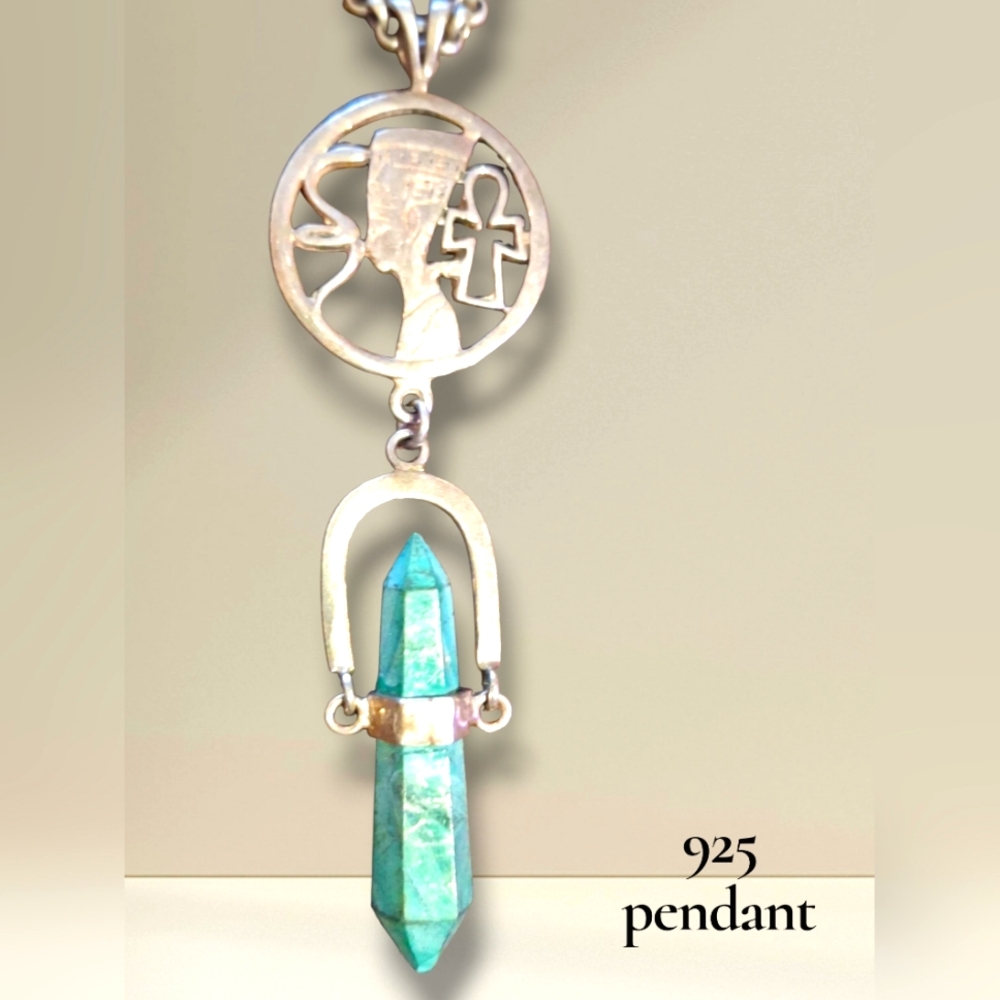 Egyptian Bust 925 Sterling Silver Snake/Ankh Gemstone Vintage dangle Pendant